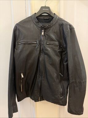 Karl Lagerfeld Black Leather Zip-Up Bomber Jacket